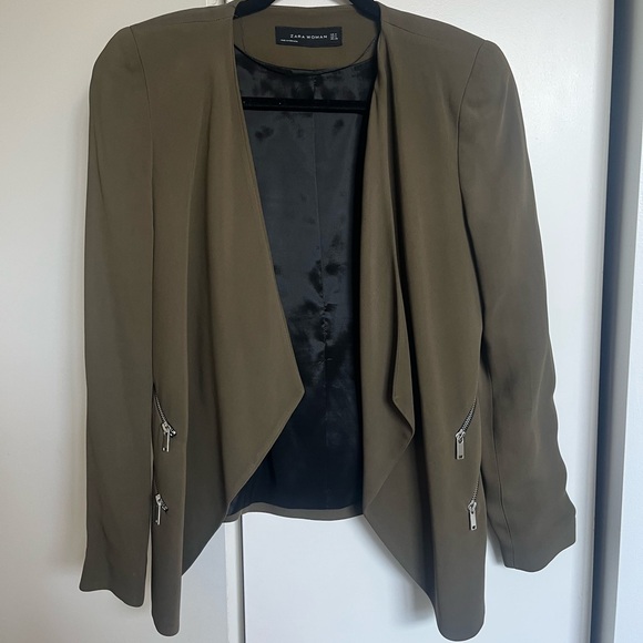 Zara Jackets & Blazers - LAST CHANCE Zara Army Green Collarless Blazer with Zippers